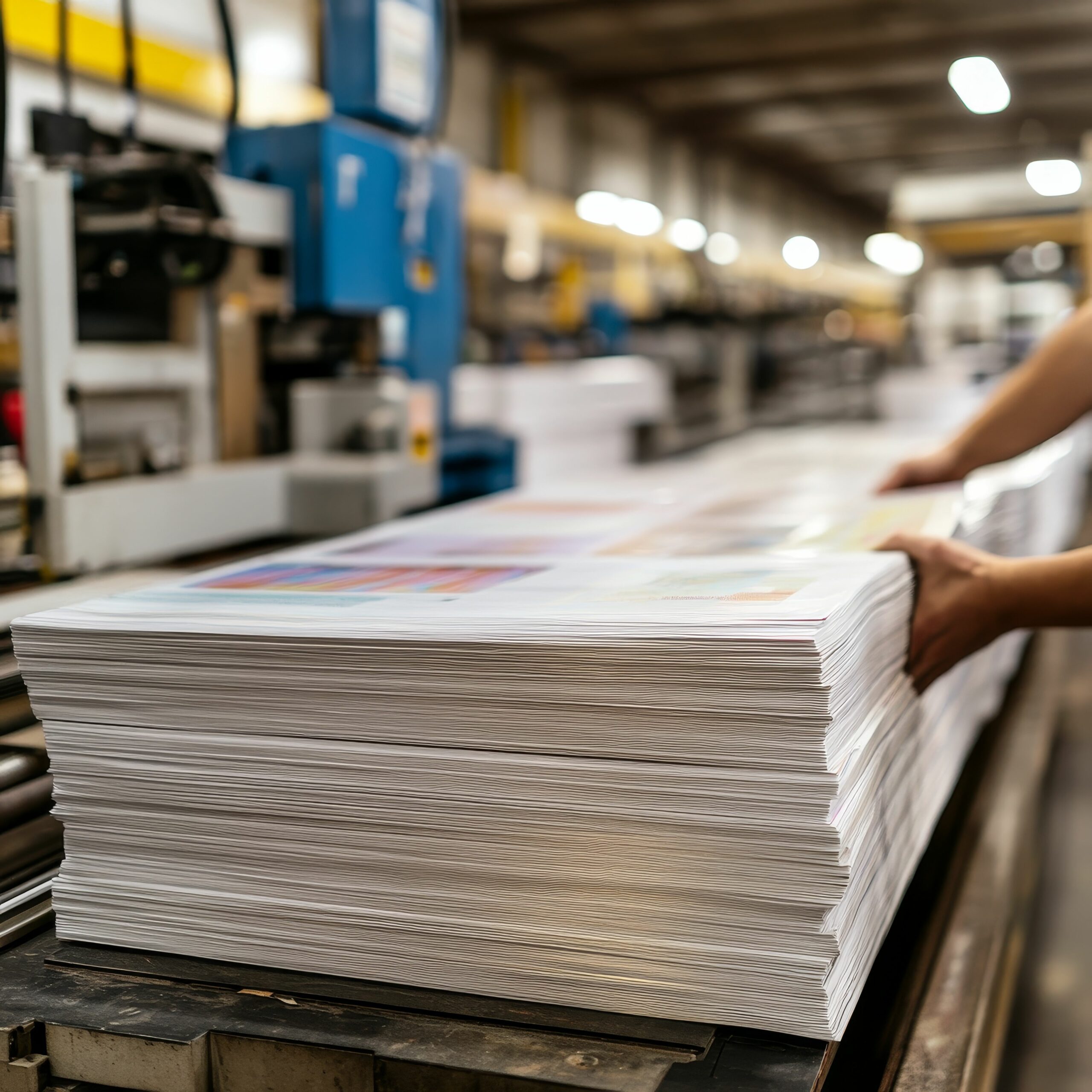 Mitarbeiter verarbeitet Druckbögen zu Beilagen in der Druckerei